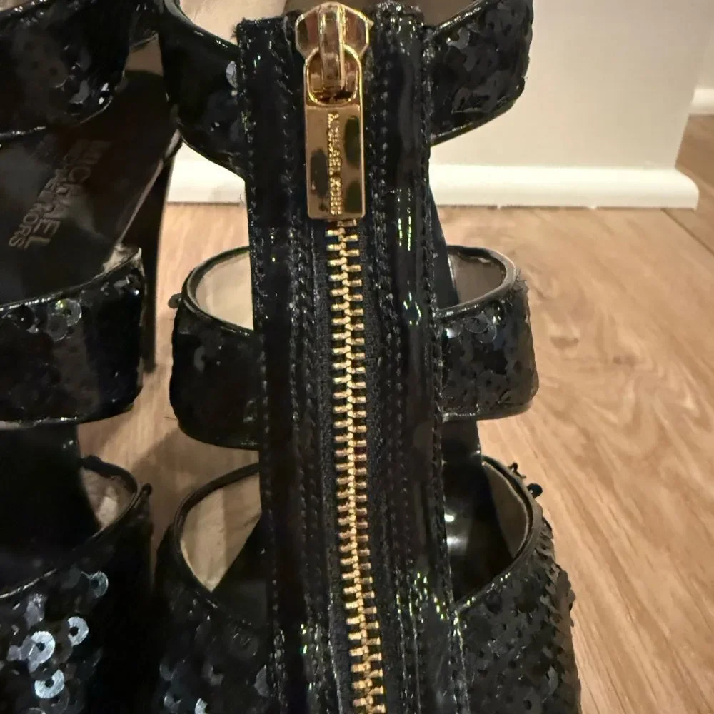 Michael Kors Black Sequence Heels with gold zipper
